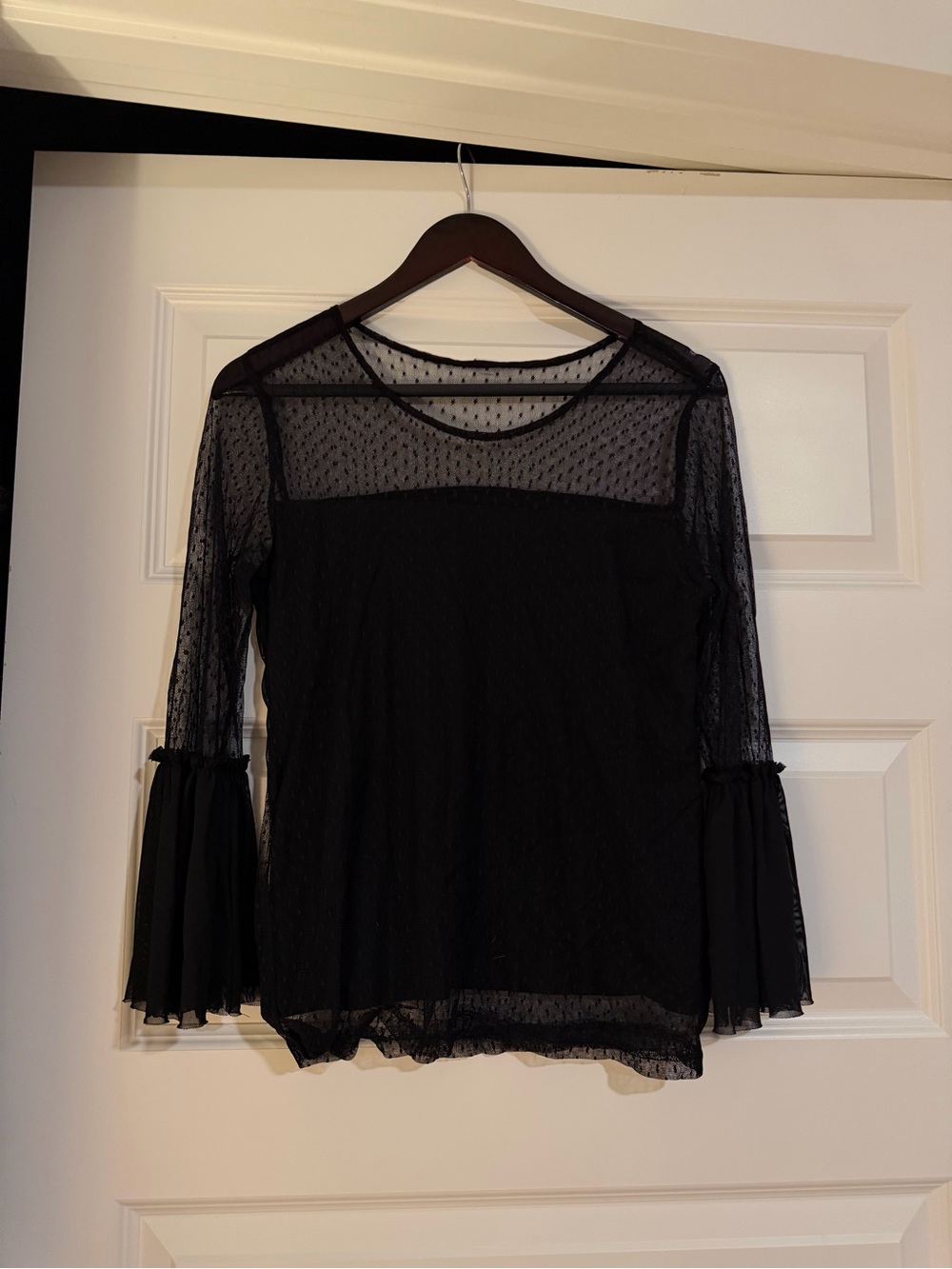 Sheer Black Bell-Sleeve Lace Polka Dot Top - Women's Size ~M